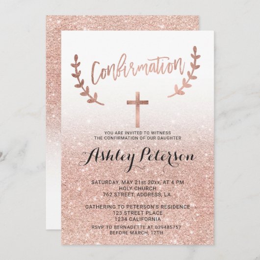 Rose Gold Glitzer Rosa Ober-weiß Bestätigung Einladung (Vorne/Hinten)