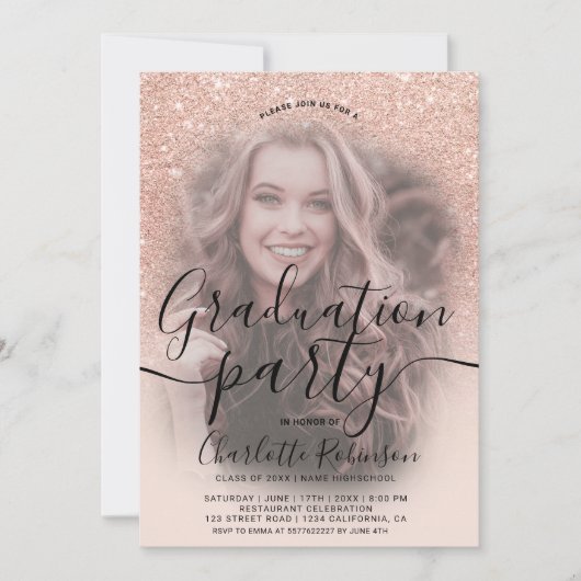 Rose Gold Glitzer Rosa ombre 3 Fotos Abschluss Einladung (Vorderseite)