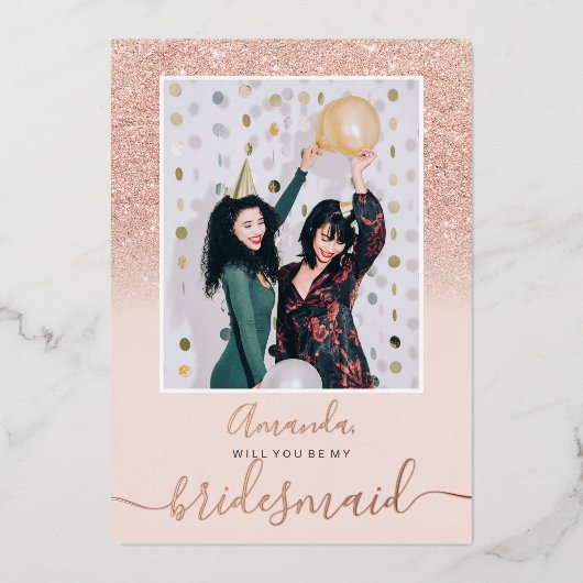 Rose Gold Glitzer rosa ombre Foto meine Brautpaare Folieneinladung (Vorderseite)