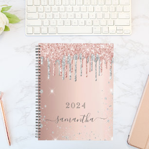 Rose Gold Glitzer Rosa Silber Monogramm 2023 Planer