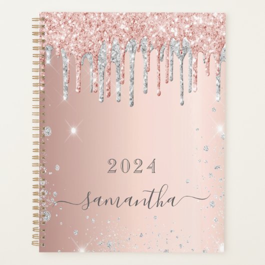 Rose Gold Glitzer Rosa Silber Monogramm 2023 Planer (Vorderseite)