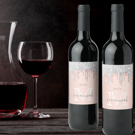 Rose Gold Glitzer Rosa Silberfunkel Monogramm Weinetikett