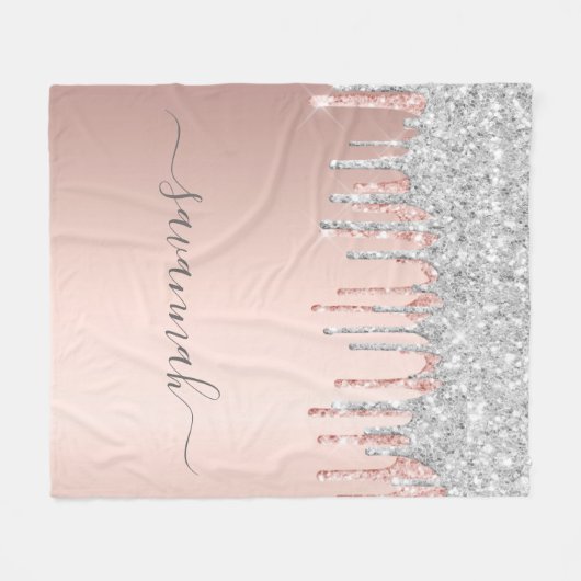 Rose Gold Glitzer Rosa Silbermonogramm Funkeln Fleecedecke (Vorderseite (Horizontal))