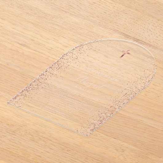 Rose Gold Glitzer Rosa Text Arch Erste Kommune Acryleinladungen (Ablage )