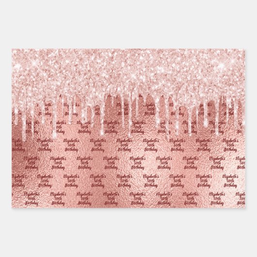 Rose Gold Glitzer Rosa Tropfen Monogramm Geschenkpapier Set (Vorderseite 2)