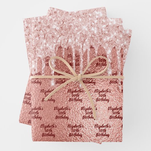 Rose Gold Glitzer Rosa Tropfen Monogramm Geschenkpapier Set (Beispiel)