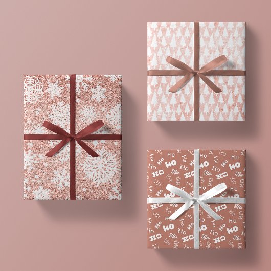 Rose Gold Glitzer Rosa Weiß +Mauve Weihnachtsgesch Geschenkpapier Set