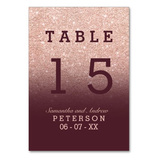 Rose Gold Glitzer Rot Bordeaux Omelett Hochzeitsti Tischnummer (Rückseite)