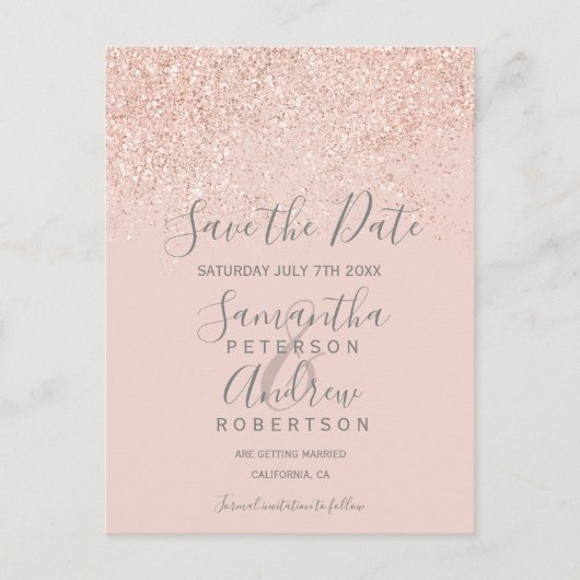 Rose Gold Glitzer rot Rosa Save the Date elegant Ankündigungspostkarte (Vorderseite)
