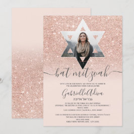 Rose Gold Glitzer rot Rosa Star Fledermaus Mitzvah Einladung