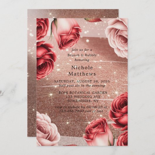 Rose Gold Glitzer & Rote Rosen Brunch & Bubbly Einladung (Vorne/Hinten)
