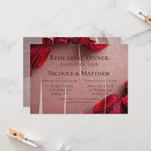 Rose Gold Glitzer & Rote Rosen Engagement Partei Einladung (Vorderseite/Rückseite Beispiel)