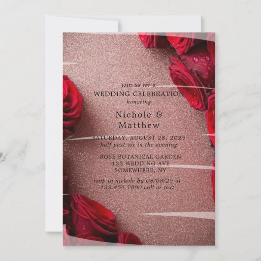 Rose Gold Glitzer & Rote Rosen Hochzeitsfeier Einladung (Vorderseite)