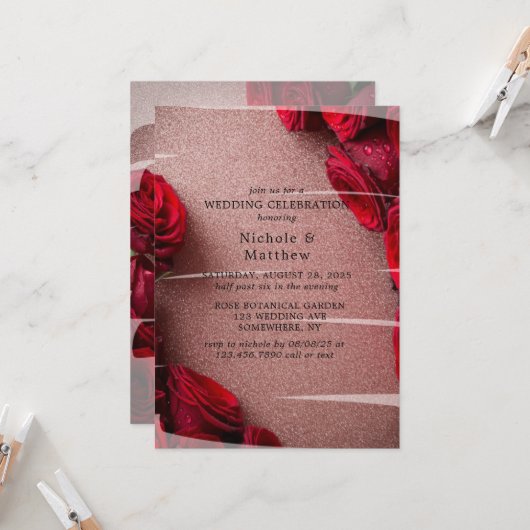 Rose Gold Glitzer & Rote Rosen Hochzeitsfeier Einladung (Vorderseite/Rückseite Beispiel)