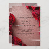 Rose Gold Glitzer & Rote Rosen Hochzeitsfeier Einladung (Vorne/Hinten)
