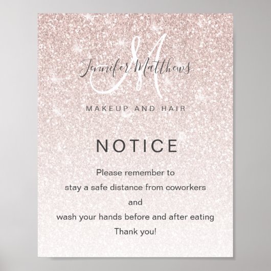 Rose Gold Glitzer Salon COVID Safety Break Room Poster (Vorne)