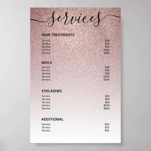 Rose Gold Glitzer Salon Preisliste Menü Poster (Vorne)