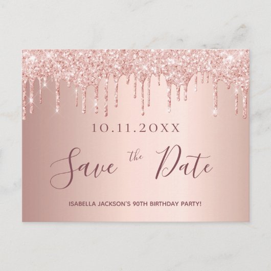 Rose Gold Glitzer Save the Date Postkarte (Vorderseite)
