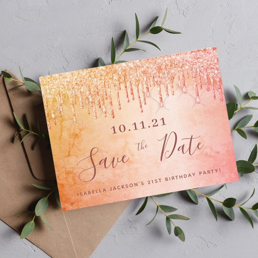 Rose Gold Glitzer Save the Date Postkarte