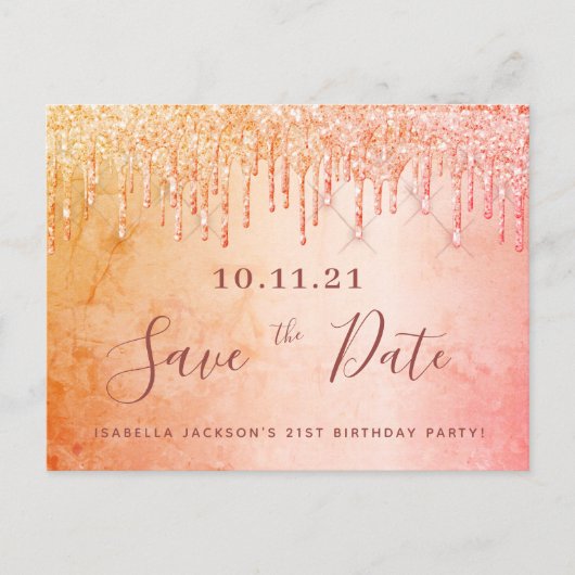 Rose Gold Glitzer Save the Date Postkarte (Vorderseite)