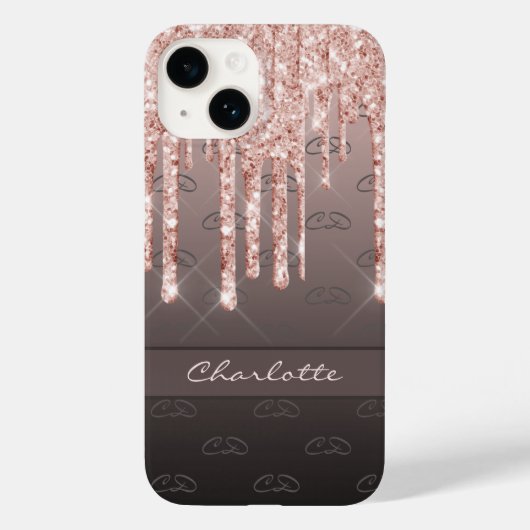 Rose Gold Glitzer schwarz braun Monogramm Name Case-Mate iPhone Hülle (Rückseite)