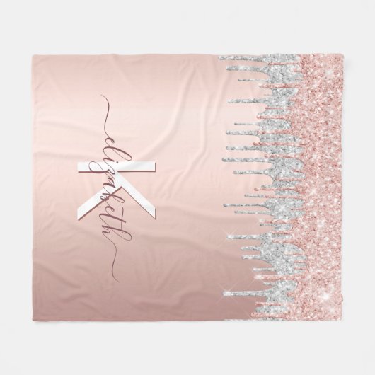Rose Gold Glitzer Schwarz Funkeln Silber Monogramm Fleecedecke (Vorderseite (Horizontal))