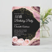 Rose Gold Glitzer Schwarz und Blumen 50. Geburtsta Einladung (Stehend Vorderseite)