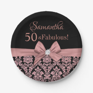 Rose Gold Glitzer Schwarzer Damast Bogen 50. Gebur Pappteller