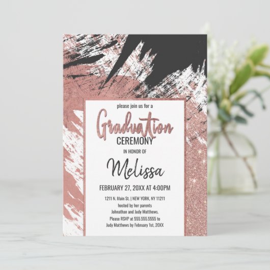 Rose Gold Glitzer Schwarzer Pinselstrich Abschluss Einladung (Stehend Vorderseite)