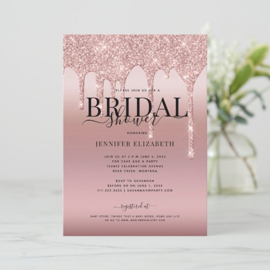 Rose Gold Glitzer Script Bridal Einladung (Stehend Vorderseite)