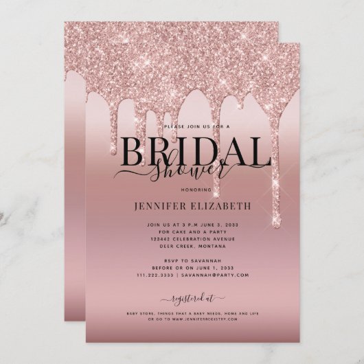 Rose Gold Glitzer Script Bridal Einladung (Vorne/Hinten)