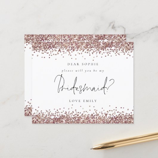 Rose Gold Glitzer Script Bridesmaid Anforderung (Vorderseite/Rückseite Beispiel)