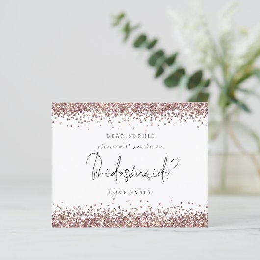 Rose Gold Glitzer Script Bridesmaid Anforderung (Stehend Vorderseite)