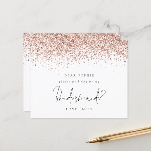 Rose Gold Glitzer Script Bridesmaid Anforderung (Vorderseite/Rückseite Beispiel)