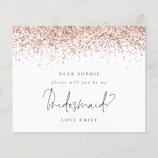 Rose Gold Glitzer Script Bridesmaid Anforderung (Vorderseite)
