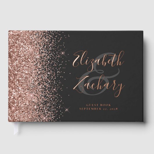 Rose Gold Glitzer Script Dark Gästebuch (Vorderseite)