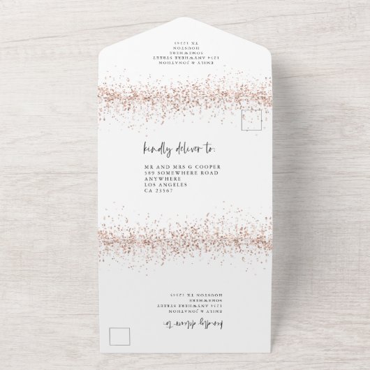 Rose Gold Glitzer Script Hochzeit All In One Einladung (Außenbereich)