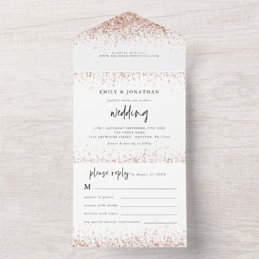 Rose Gold Glitzer Script Hochzeit All In One Einladung (Innen Boden)