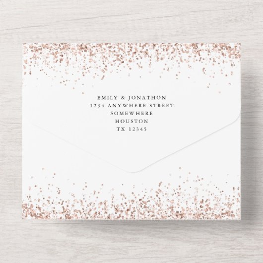 Rose Gold Glitzer Script Hochzeit All In One Einladung (Rückseite)