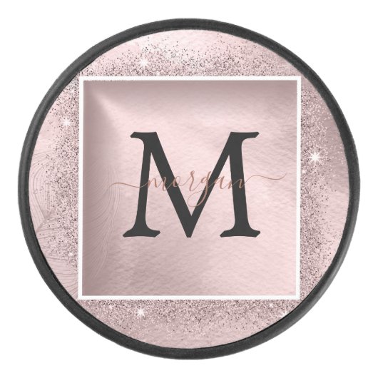 Rose Gold Glitzer Script Monogram Eishockey Puck (Vorderseite)