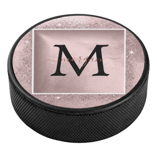 Rose Gold Glitzer Script Monogram Eishockey Puck (3/4)
