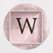 Rose Gold Glitzer Script Monogram Etiketten (Design 2)