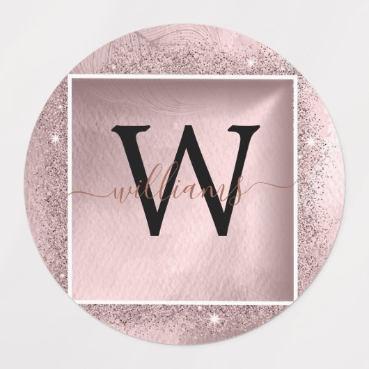 Rose Gold Glitzer Script Monogram Etiketten (Design 1)