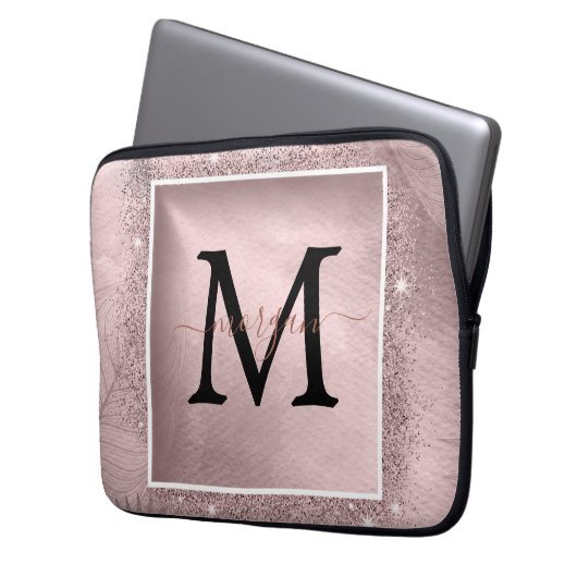 Rose Gold Glitzer Script Monogram Laptopschutzhülle (Vorderseite Links)
