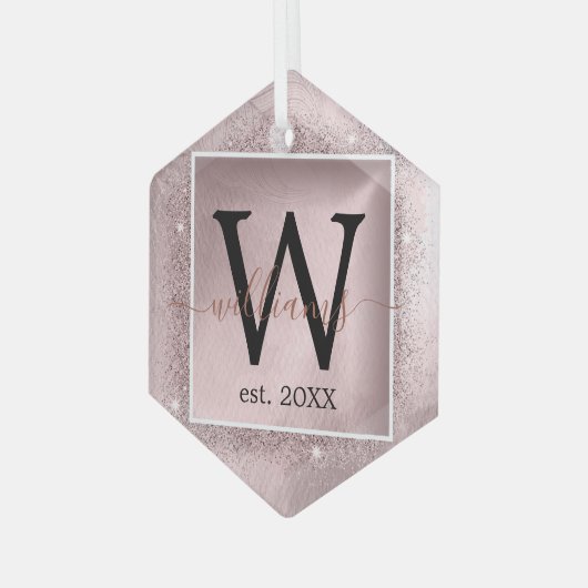 Rose Gold Glitzer Script Monogram Ornament Aus Glas (Vorderseite Links)
