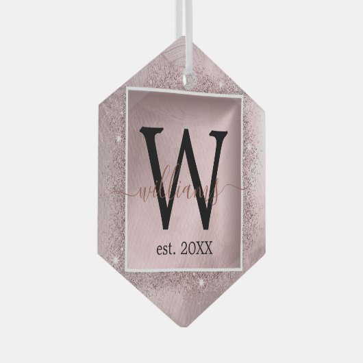 Rose Gold Glitzer Script Monogram Ornament Aus Glas (Vorderseite Rechts)