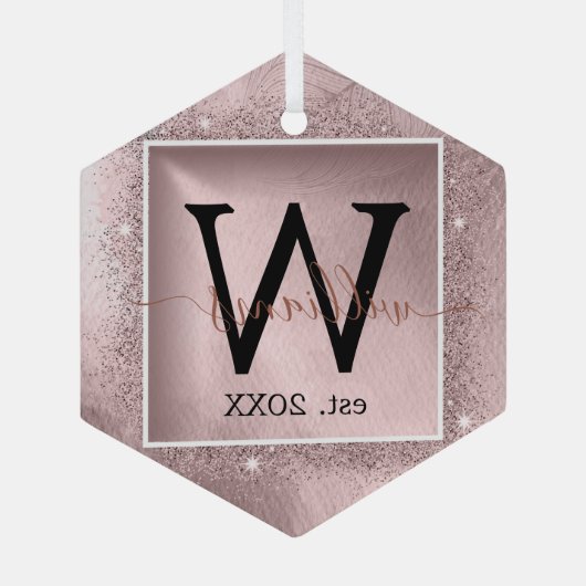 Rose Gold Glitzer Script Monogram Ornament Aus Glas (Rückseite)