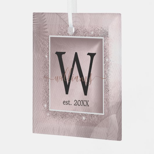 Rose Gold Glitzer Script Monogram Ornament Aus Glas (Vorderseite links)