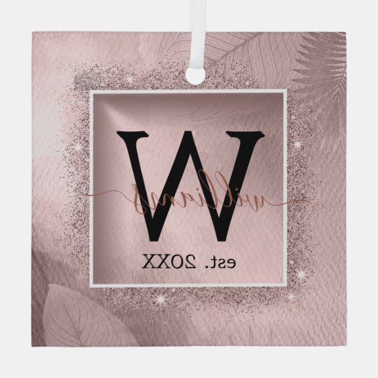 Rose Gold Glitzer Script Monogram Ornament Aus Glas (Rückseite)