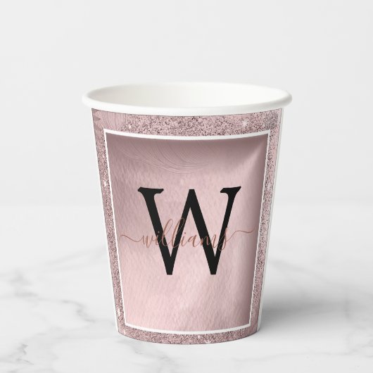 Rose Gold Glitzer Script Monogram Pappbecher (Rückseite)